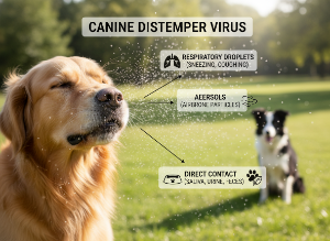 How is canine distemper virus transmitted