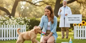 dog with a vet and a woman