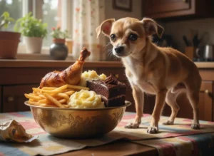 A small, weak dog next to an overly large bowl of rich, unsuitable human food.