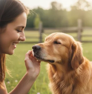 a smelling girl with a dog