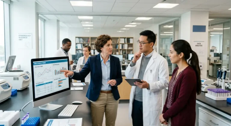 World map on a desk with international health reports, diverse documents, soft natural light, authentic photo.