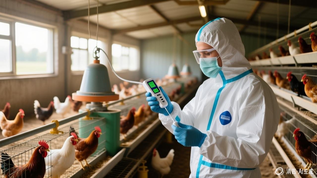 Poultry farmer in biosecurity suit performing AIV H7 lateral flow rapid test on a chicken farm