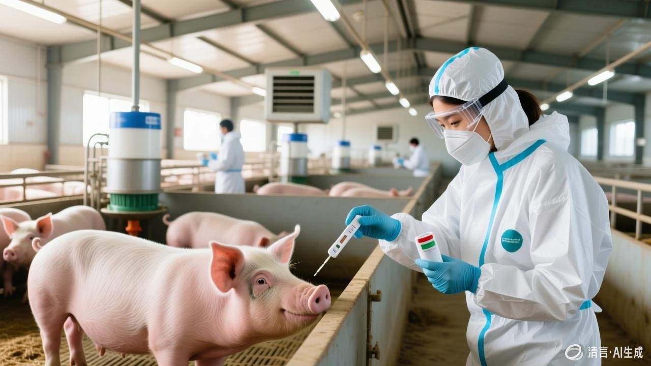 Veterinarian testing swine for foot and mouth disease using rapid test kit on a farm