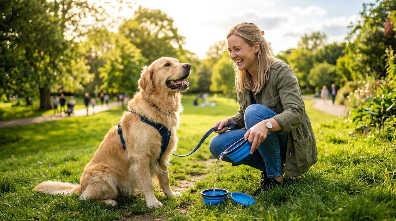Responsible dog owner providing fresh clean water to dog in urban park, demonstrating Giardia prevention