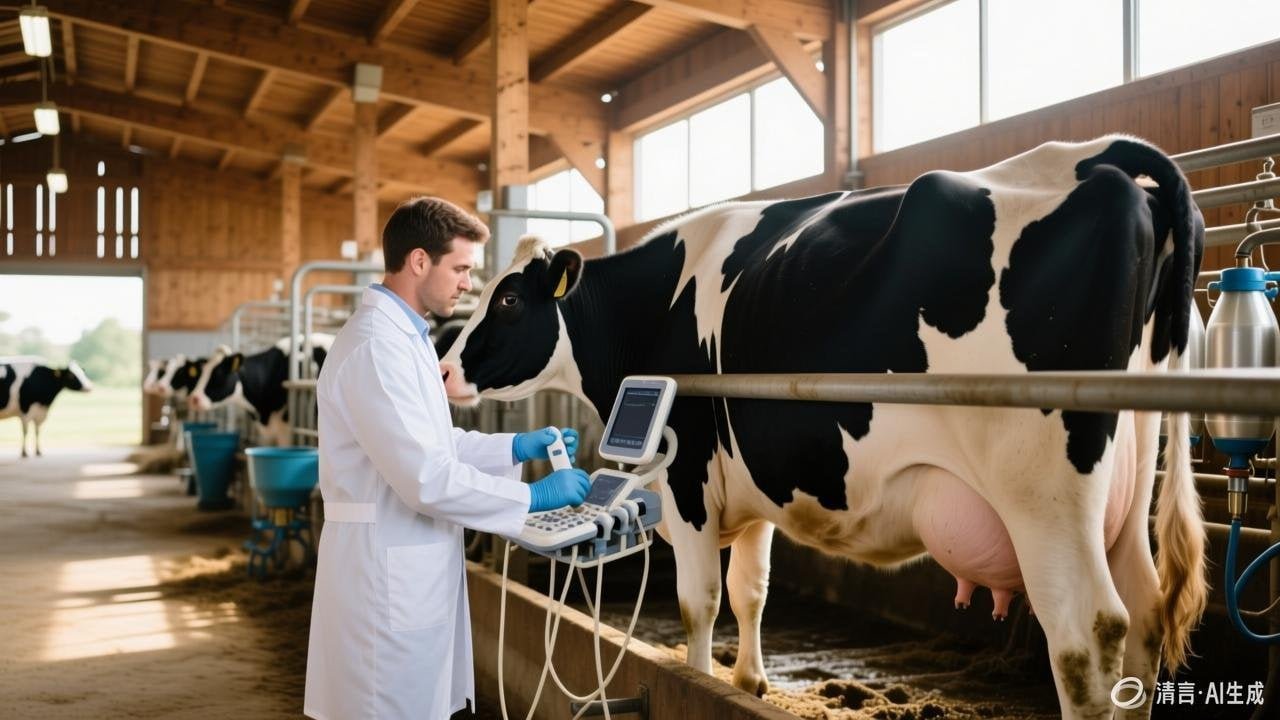Veterinarian performing pregnancy diagnosis on a dairy cow in a modern farm barn