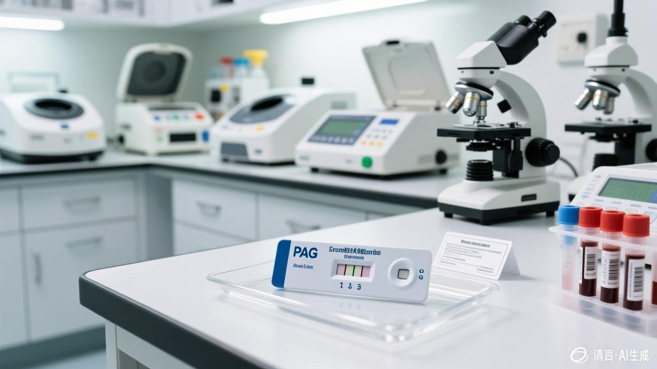 Close-up of cow pregnancy blood test kit PAG test cassette in veterinary lab