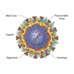 Pseudorabies Virus PRV structure showing DNA core capsid tegument and glycoprotein envelope scientific illustration