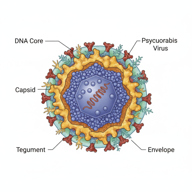 Pseudorabies Virus PRV structure showing DNA core capsid tegument and glycoprotein envelope scientific illustration