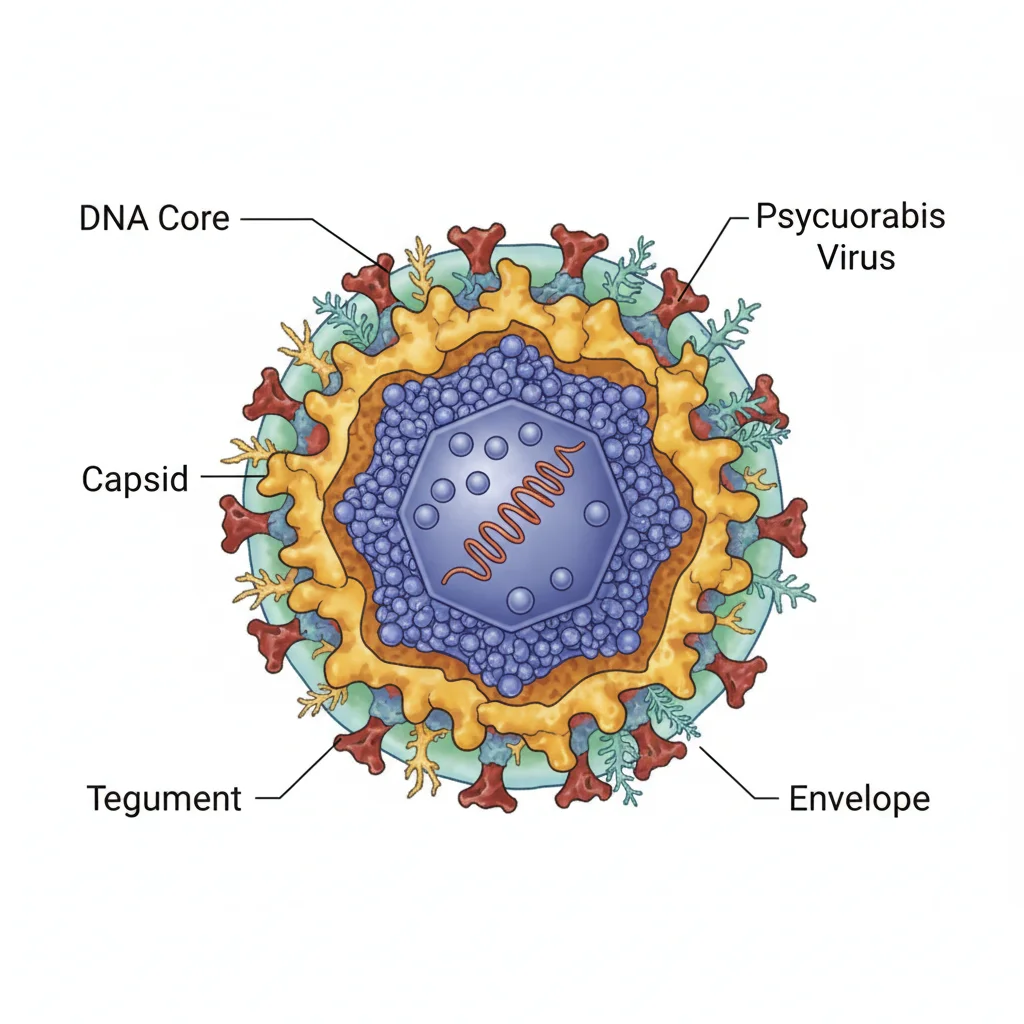 Pseudorabies Virus PRV structure showing DNA core capsid tegument and glycoprotein envelope scientific illustration