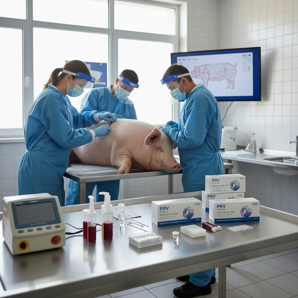 Veterinarian performing diagnostic blood test on pig in modern farm clinic with PRV test kits and laboratory vials