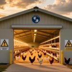 Modern poultry farm in Tennessee with biosecurity measures in place during avian influenza outbreak
