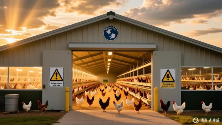 Modern poultry farm in Tennessee with biosecurity measures in place during avian influenza outbreak