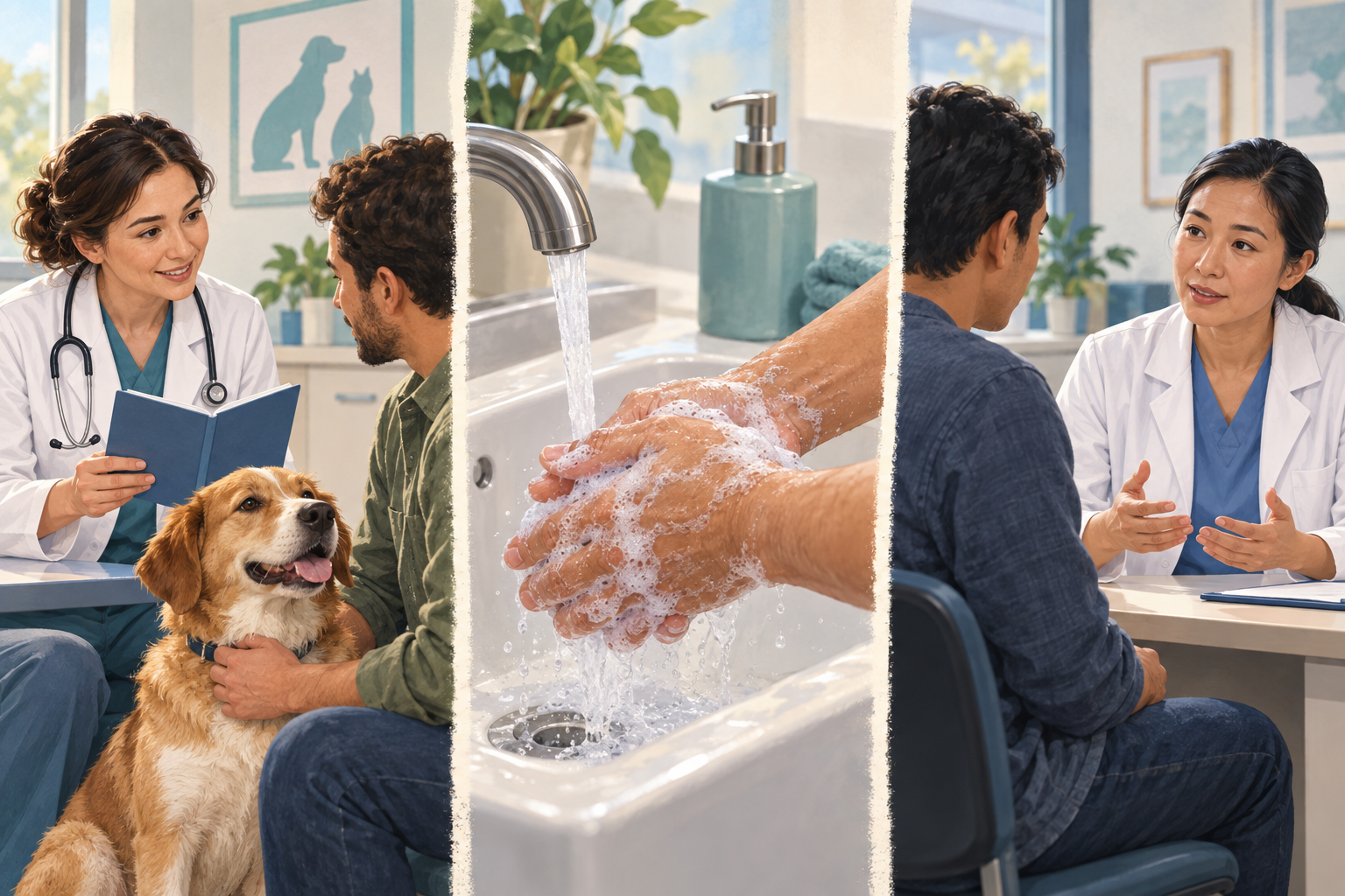 Illustration of veterinary vaccination counseling, washing with soap and water, and a consultation with a healthcare professional.