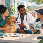 Illustration of veterinary, healthcare and community animal-health professionals working together with a dog and cat.