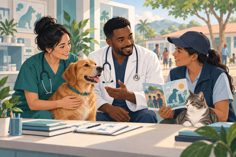 Illustration of veterinary, healthcare and community animal-health professionals working together with a dog and cat.